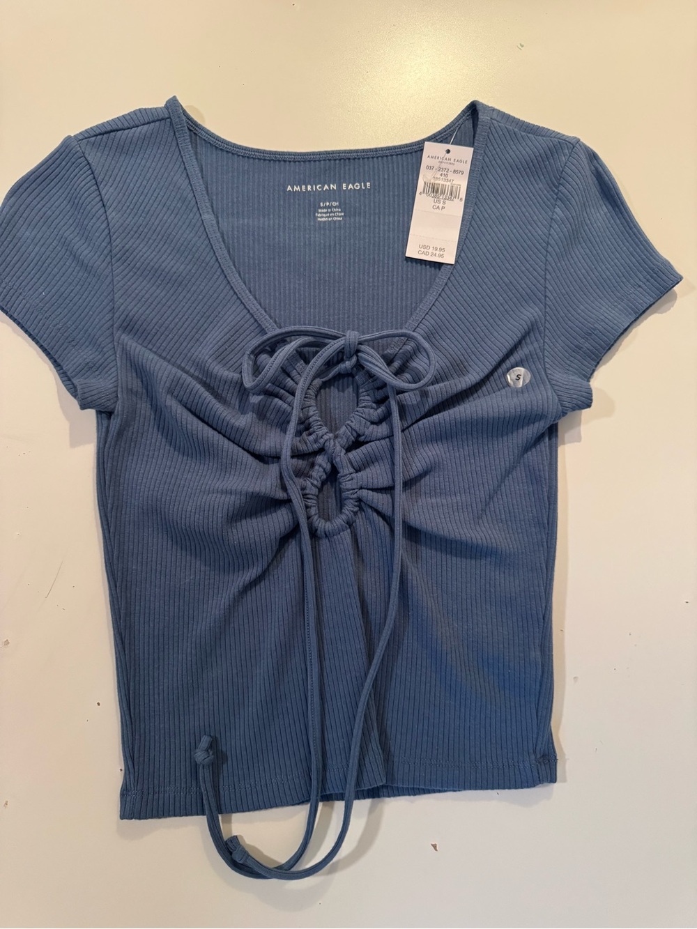American Eagle Outfitters Dusty Blue Ribbed Lace-Up Crop Top